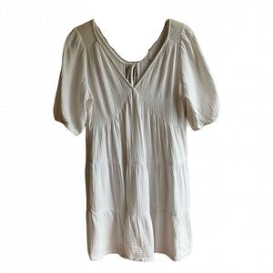 Aerie White 100% Cotton Mini Dress Size M Tiered Tie Cutouts Boho Puff Sleeves